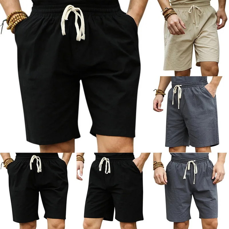 Прямая OEAK мужские повседневные Летние льняные пляжные шорты с эластичным поясом мужские пляжные брюки имитация льна - Цвет: Black
