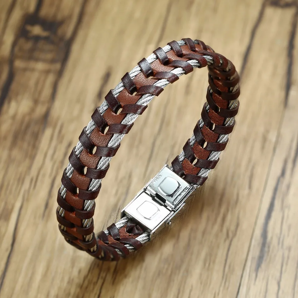 

Men's Steel Cable And Leather Holes Weave Bracelet in Brown Black for Men Male Trendy Casual Jewelry one-of-a-kind 8.5
