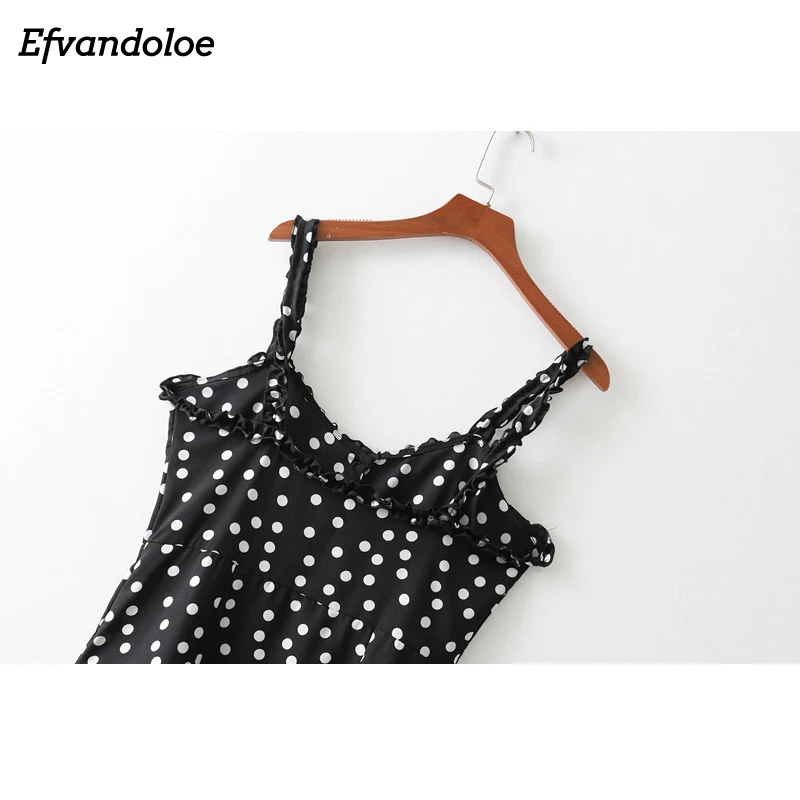 Efvandoloe/черное платье на бретельках с оборками летнее пляжное миди без рукавов