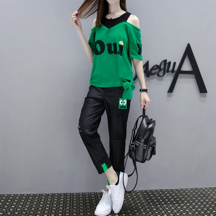 

xl - 5xl lady new leisure suits female hollow out shoulder short sleeve ankle length pants stylish two-piece sets K97