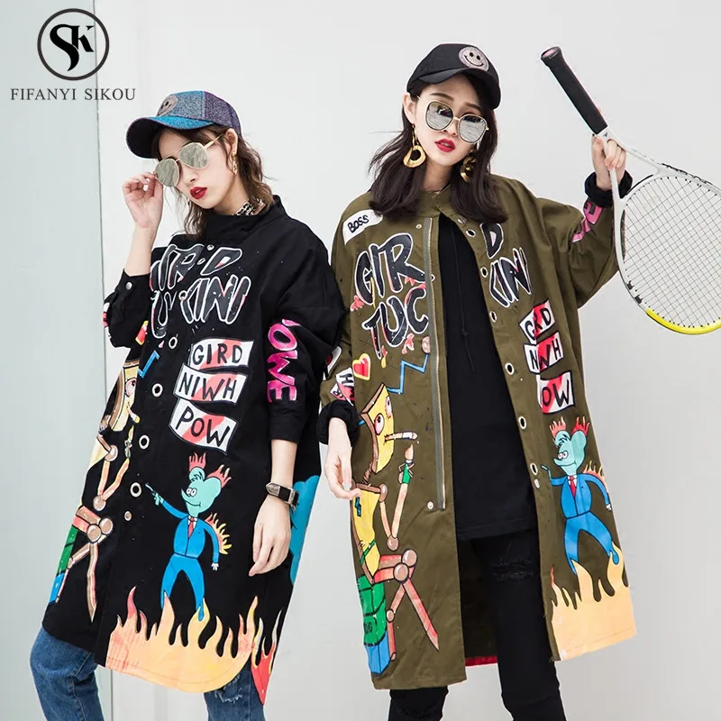 

Trench coat for women Fashion Street style Graffiti Cartoon Print Long Windbreaker Female Loose Plus size Hip hop Trench LGP718