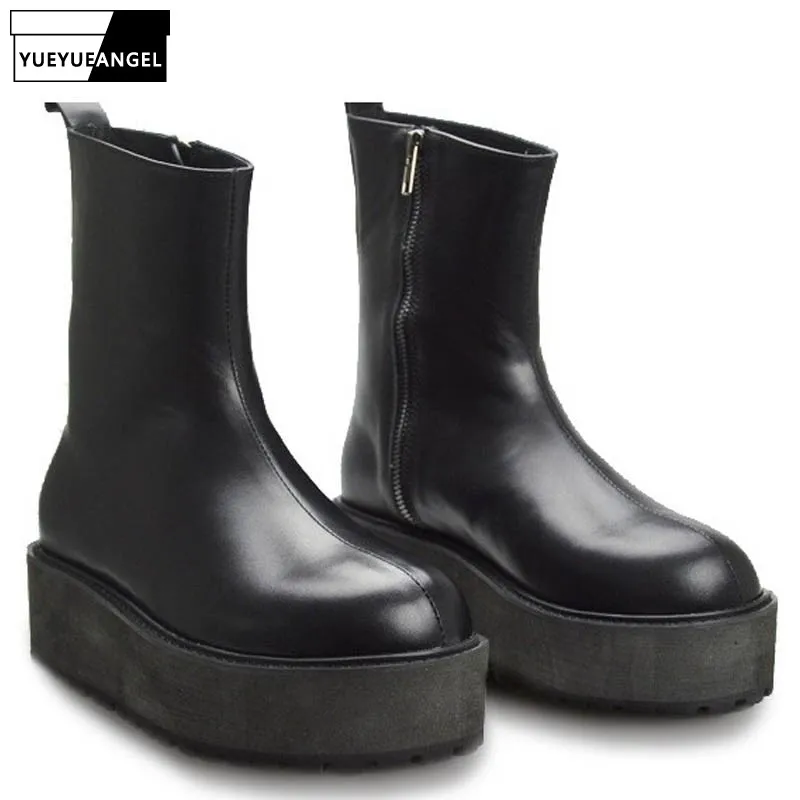 Discount  Autumn New Fashion Men Shoes Side Zipper Round Toe For Men Motorcycle Boots Punk Genuine Leather Mi