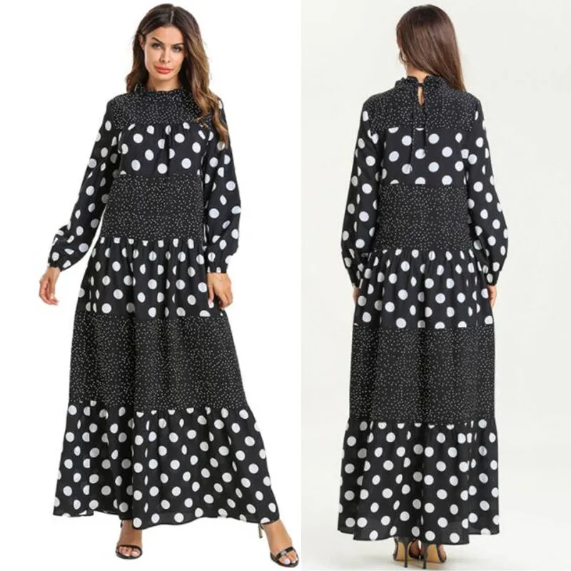 

2019 Black Dot Kaftan Abaya Dubai Hijab Muslim Dress Caftan Ramadan Abayas For Women Robe Jilbab Elbise Turkish Islamic Clothin