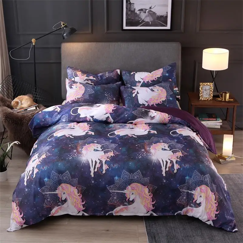 

BEST.WENSD 2/3pcs Super soft comfortable beddings 3D Western Single double Purple Unicorn Bed Cover Quilt sets with pillowcases