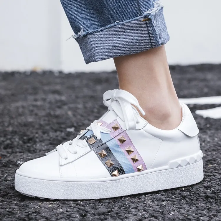 

OESEA/shoes 2019 four seasons fashion casual flat rivet color white shoes comfortable lace-up shoes round toe leather shoes