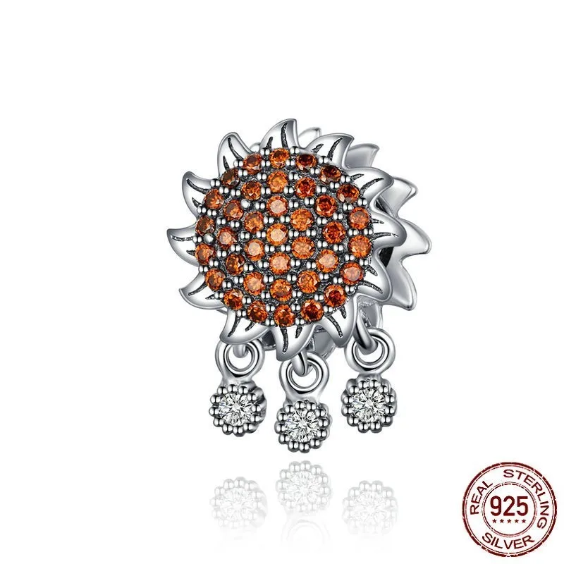 

SunFlower Beads 925 Sterling Silver Zircon Sunny Flowers Shape Charms fit Charm Bracelets Sterling Silver Jewelry