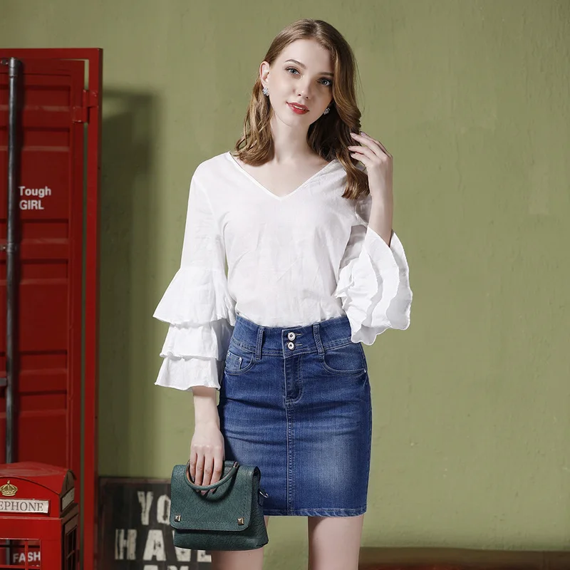 

2019 summer new personality high waist stretch thin business denim skirt denim stretch casual slim bag hip skirt women