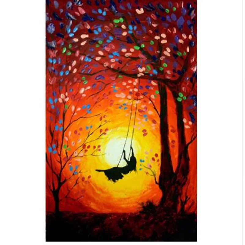 

Handpainted Abstract Colorful Landscape Oil Paintings on Canvas Modern Home Decor Wall Art Large Knife Tree Swing Girl Pictures