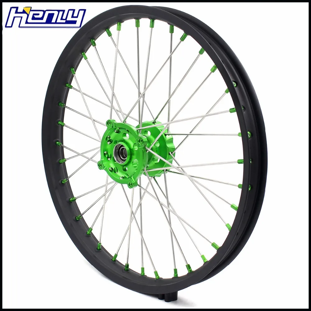 1,6*21/2,15*19 MX KX250F KX450F 2006- грязи велосипедные колеса диски набор для KAWASAKI зеленый ниппель серебристое рулевое колесо
