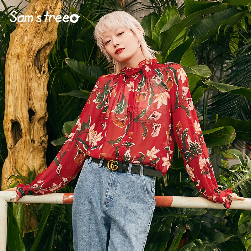 

Samstree Red Floral Print Boho Chiffon Blouse Women 2019 Autumn Fashion Long Sleeve Stand Ruffled Collar Female Tops