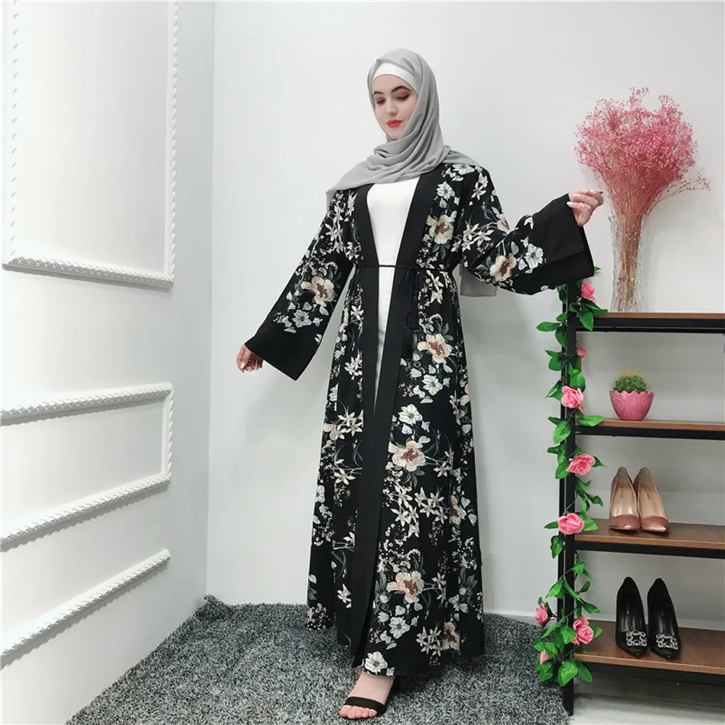 Женское мусульманское платье 2019 Топ Длинное Макси-платье рубашка абайя исламское цветочное пальто Дубаи Рамадан