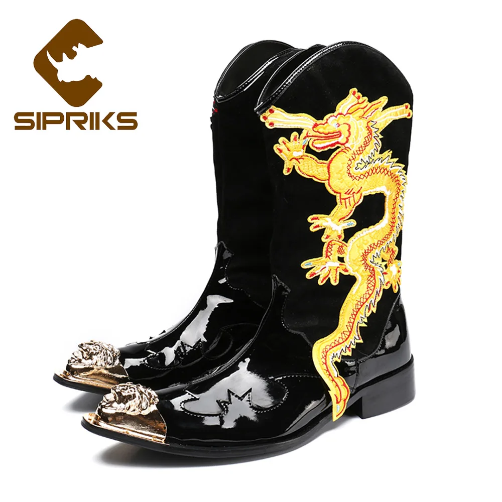 Sipriks Punk Leather Men Mid Calf Western Boots Pointed Toe Lace Up