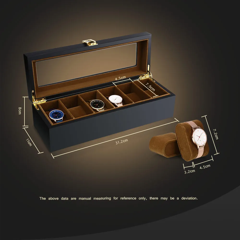 6 Slots Watch Organizer Display Case Wood Luxury Glass Top Wristwatch Box for Men Women