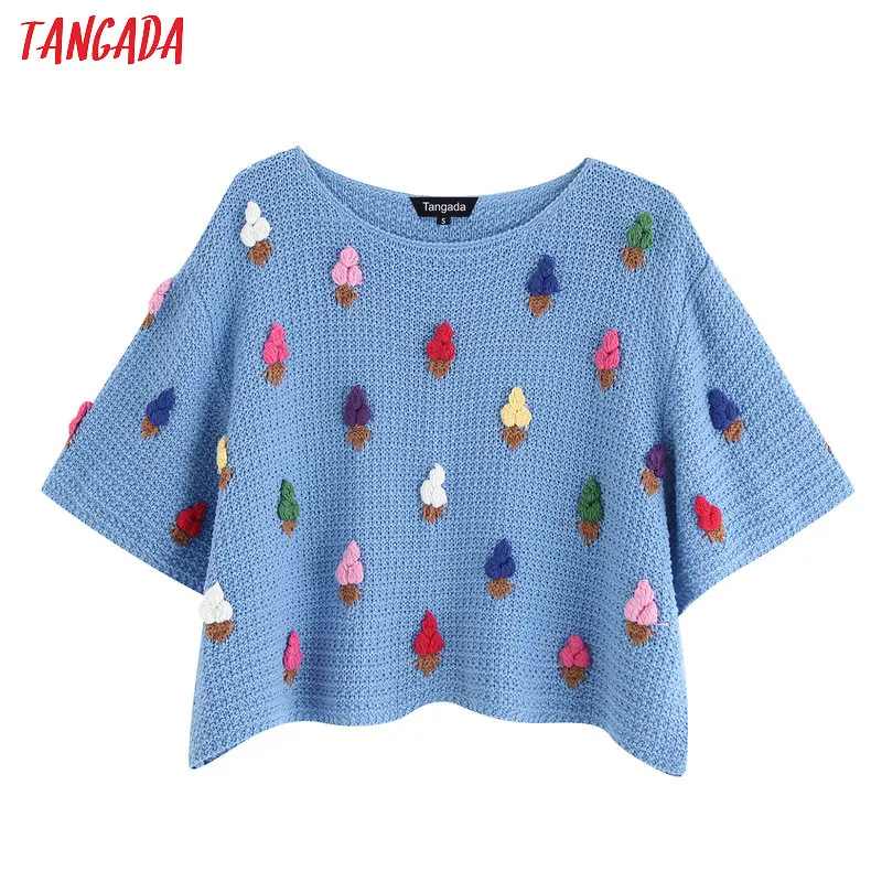 

Tangada summer women sweet crop sweaters ice cream fashion o neck korean chic sweater short sleeve poullover jumper pull BE616