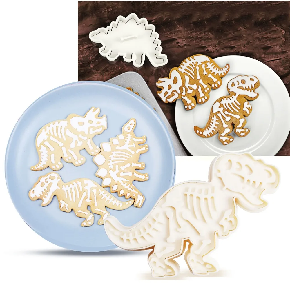 Jurassic Dinosaur Cookie Molds 3 Dinosaur Fossil Cookie Cutters Set Of 6Pcs PVC Stegosaurus Tyrannosaurus Rex Triceratops Molds (8)