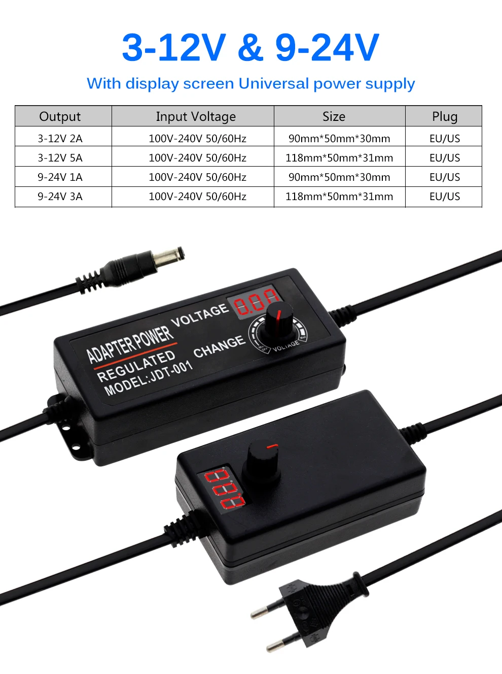 Регулируемый AC к DC 3 V-12 V 9 V-24 V Универсальный адаптер с Экран дисплея Напряжение регулируемый светодиодный трансформаторы Питание