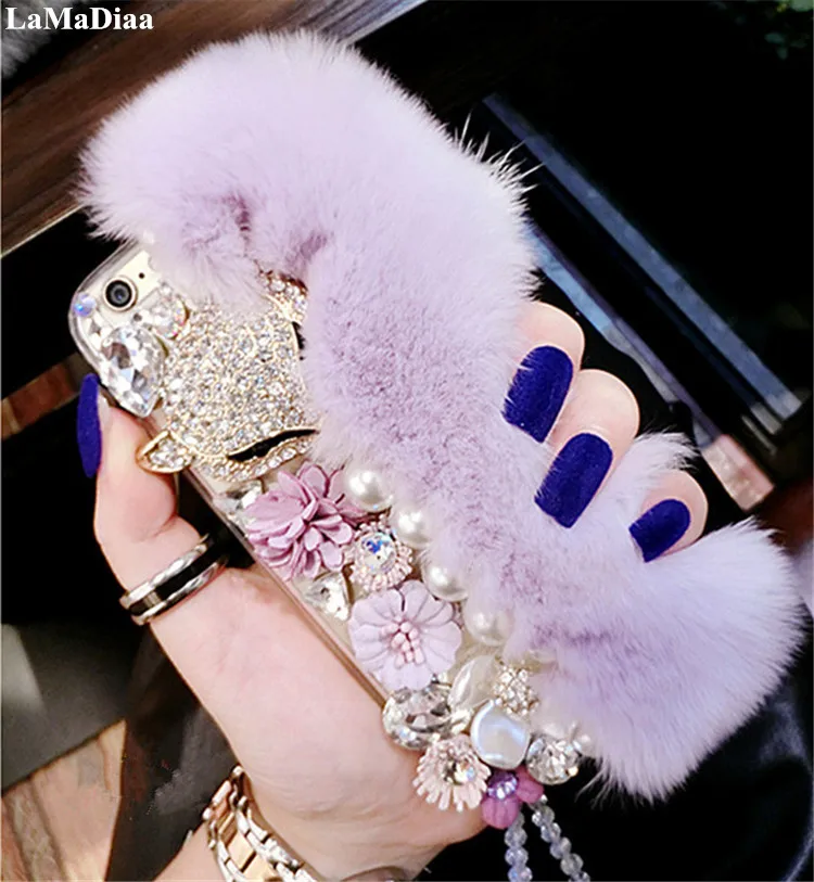 

LaMaDiaa For iPhoneX Xs Max XR 5 SE 8 7 6s Plus 11 Pro MAX Cute Soft Fluffy Rabbit Fur Hair Bling Diamond Protective Phone Case