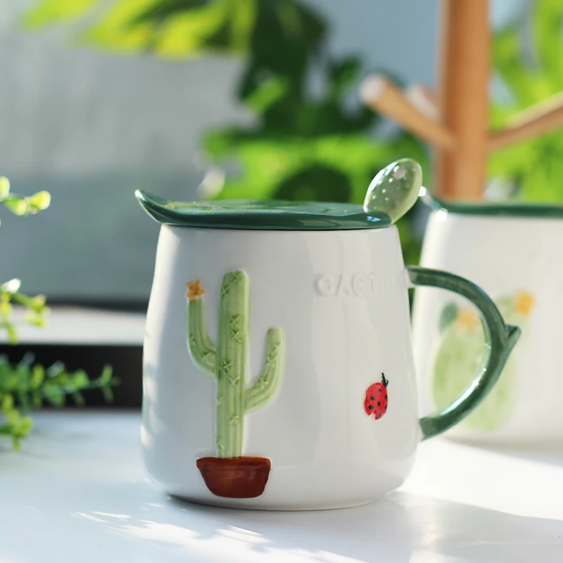 Cute Cartoon cactus Emboss ceramic mug Green plant desert cactus elements ceramic cup