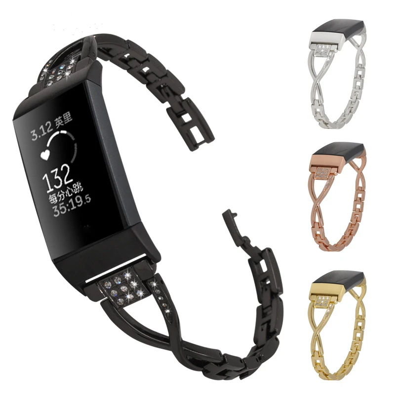 Stainless Steel Bling Bands for for Fitbit Charge 3 Smart Watch X-Link with Rhinestones Strap High Quality (3)