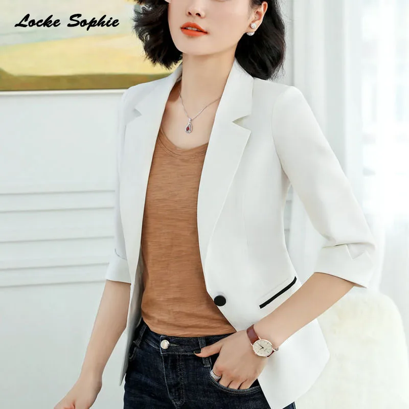 1pcs Women Plus size Blazers coats 2019Summer cotton blend Splicing Middle sleeve Suits jackets ladies Skinny Blazers Suits coat