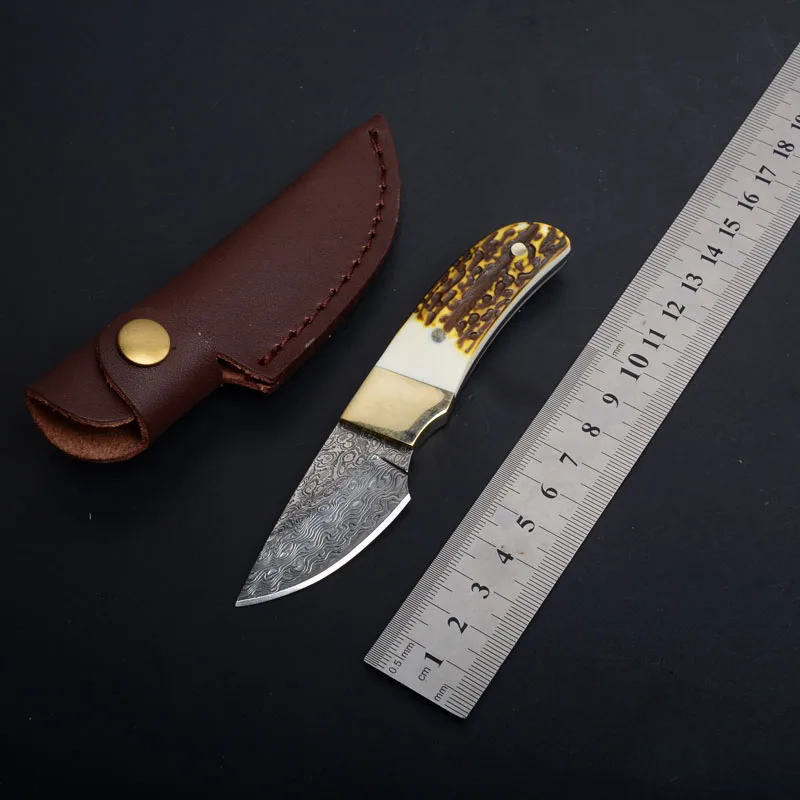 damascus fixed blade knife antler handle outdoor camping hunting survival pocket rescue edc tools  (1)