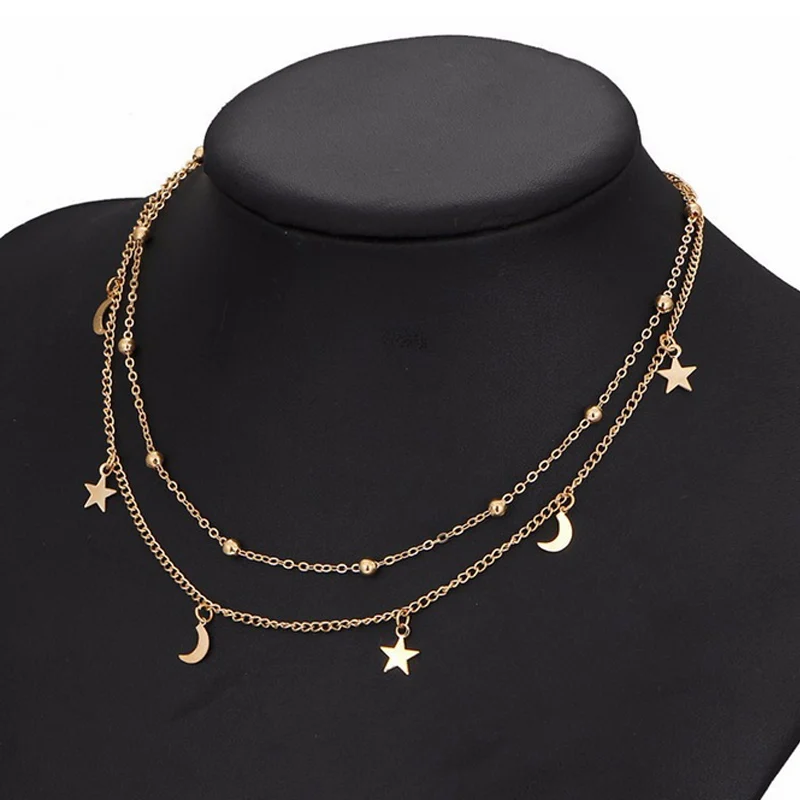 

Fashion Women Double Layers Necklace Moon Stars Sexy Clavicle Chain Necklaces Fine Jewelry Gifts M8694