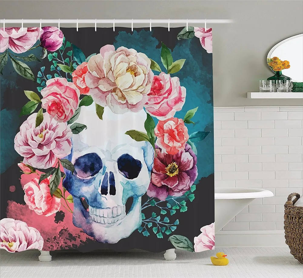 High Quality Arts Shower Curtains Skull And Head Colorful Flower