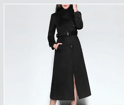 Высокое качество, новинка, Осень-зима, модное пальто с длинным рукавом и неровным разрезом, элегантное женское шерстяное пальто с поясом, C2572 - Цвет: Черный