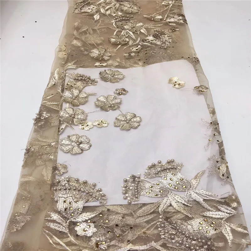 

Golden Stone Sequence Lace Fabric Beaded French Laces Fabrics High Quality Tulle French Nigerian Lace Applique Dress QF2246B-6
