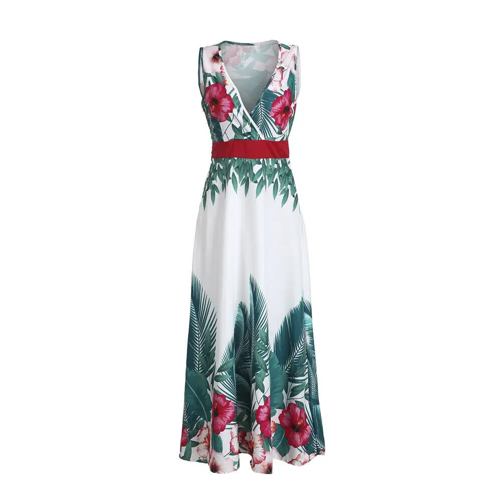 

2019 Fashion Womens Party Boho High Waist V neck sleeveless sling Sexy Long Dresses Ladies Summer Beach Floral Maxi Dress