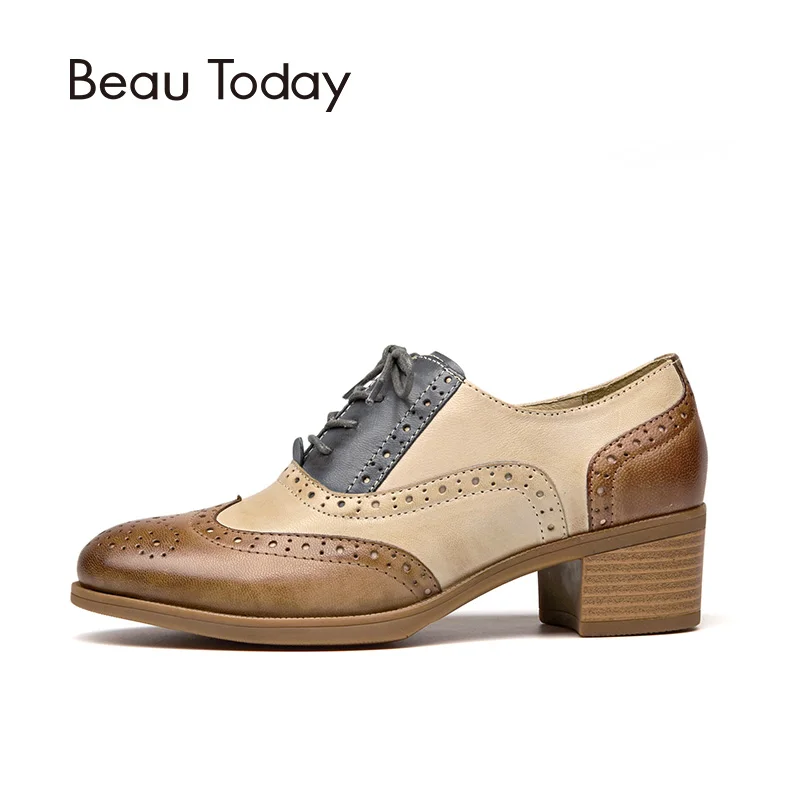 BeauToday/оксфорды; женская обувь из натуральной кожи; обувь с перфорацией типа «броги» на шнуровке с круглым носком; смешанные цвета; обувь из овечьей кожи на не сужающемся книзу массивном каблуке; 15116