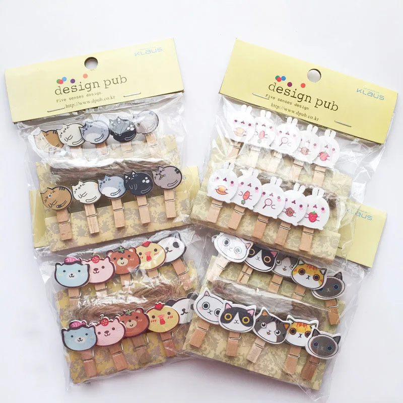 

18 Style Cartoon Wooden Animal Cat Panda Merry Christmas Tree Ornaments Photo Clip with Rope New Year Party Decor Postcard Clips