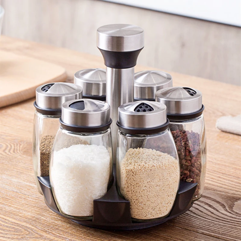 

Glass Seasoning Pot Condiment Bottle 6 Pack/Set Kitchen Storage Jar Creative Kitchen Rotating Seasoning Jar Household Cruet