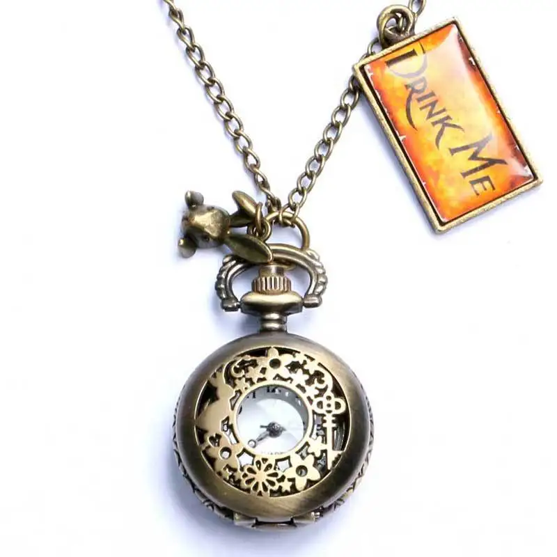 Alice In Wonderland Drink Me Pocket Watch Necklace Rabbit Flower Key