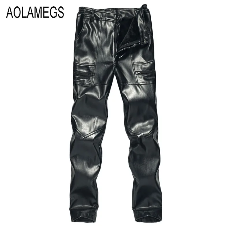 Aolamegs Winter Mens Fashion PU Leather Pants Faux Leather Fleece