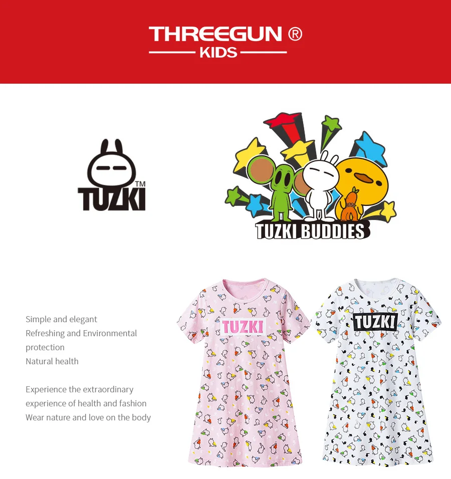 THREEGUN Nightgown Children Clothing Summer Girls Baby Dresses Pajamas Cartoon Tuzki Cotton Nightdress Kids Home Sleepwear