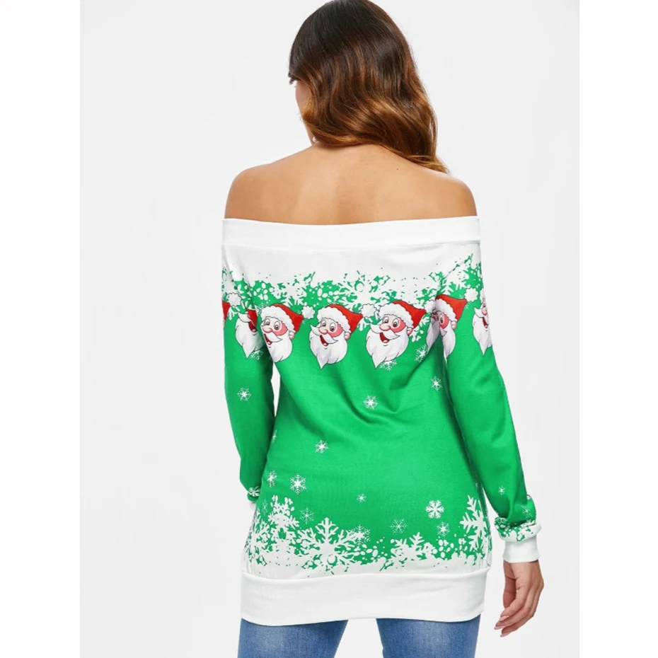 Christmas Sweatshirt Off Shoulder Top Buttons Clothing Womens 2019 New Year Dress Print Santa Cute Autumn Winter Women Pullover (1)