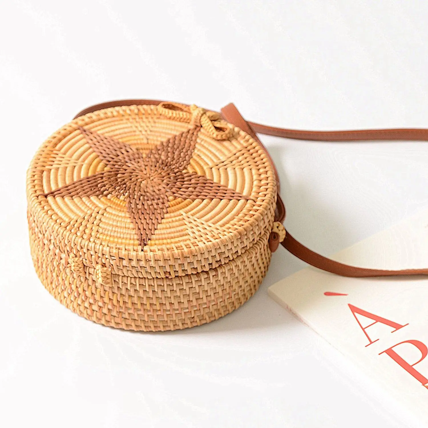 

Women Round Weave Braid Woven Rattan Basket Bag Leather Style Straps Summer Beach Shoulder Bag Darker Star
