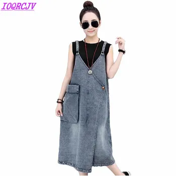 

Denim Strap dress for women 2018 spring summer Big pocket Sleeveless jeans dress large size Young girl Loose dress IOQRCJV H462