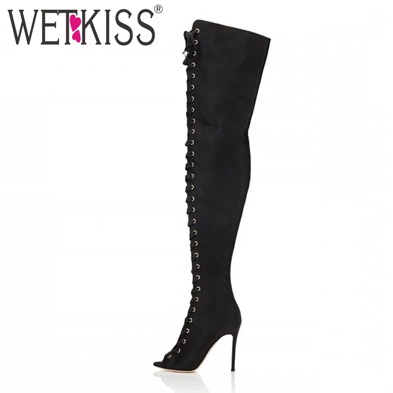 

WETKISS New Designer Shoes Women Luxury Over Knee Boots Woman Peep toe Cross tied Thigh High Boot High Heels Party Shoes Women