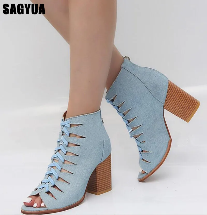 

Women sandals 2019 summer Fish mouth Thick heel High heels ladies Hollow Cross strap casual shoes Rear zipper woman shoes Z224