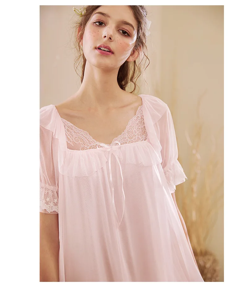 Vintage Sleep Lounge Short Sleeve Laced Ruffle Night Dress Summer Sleepwear Cotton Organza Loose Long Nightdress