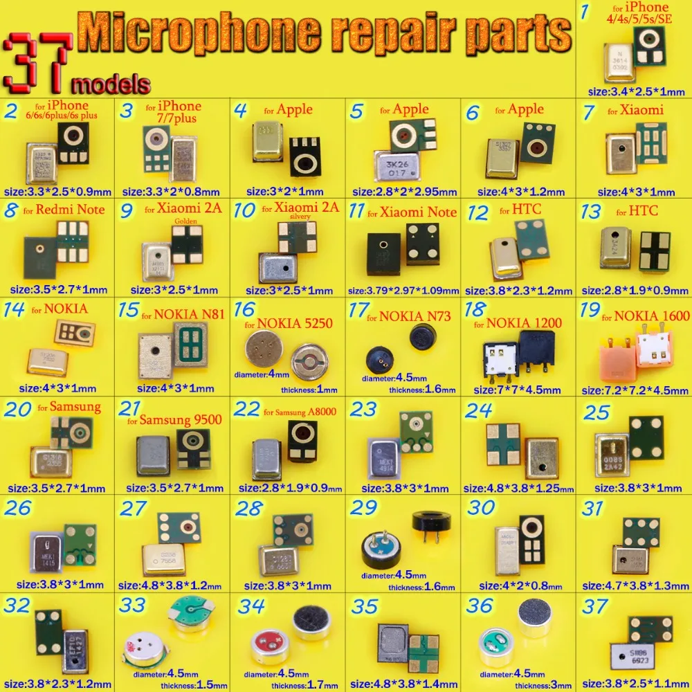 37 моделей микрофонный Модуль Замена внутреннего микрофона часть для iPhone 4 4S 5 5G 5S 5C SE 6 6G 6S для samsung для Xiaomi для Nokia