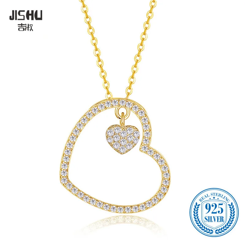 

100% 925 Sterling Silver Cute Oversize Open Heart Necklace 18K Gold Plated Shiny Crystal Necklaces For Wedding Graduation Gift