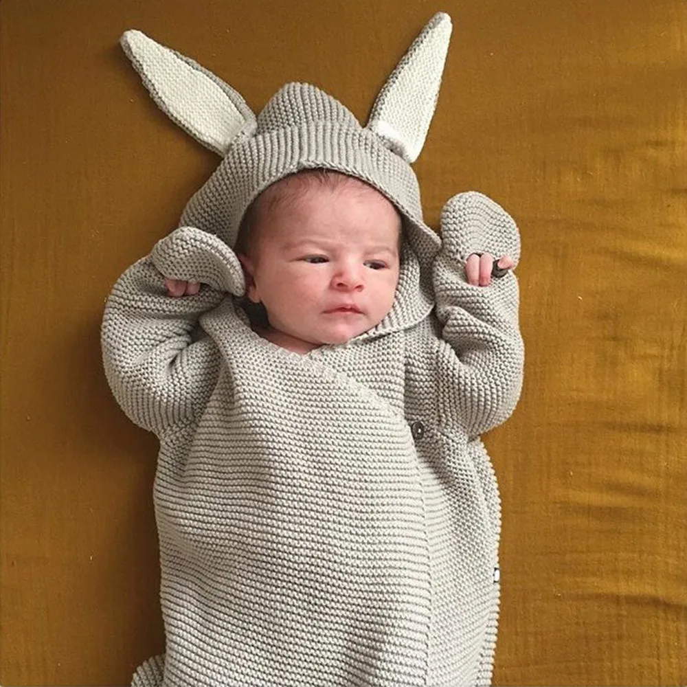 Newborn Infant Baby 3D Rabbit Ear Knitted Swaddle Blanket Sleeping