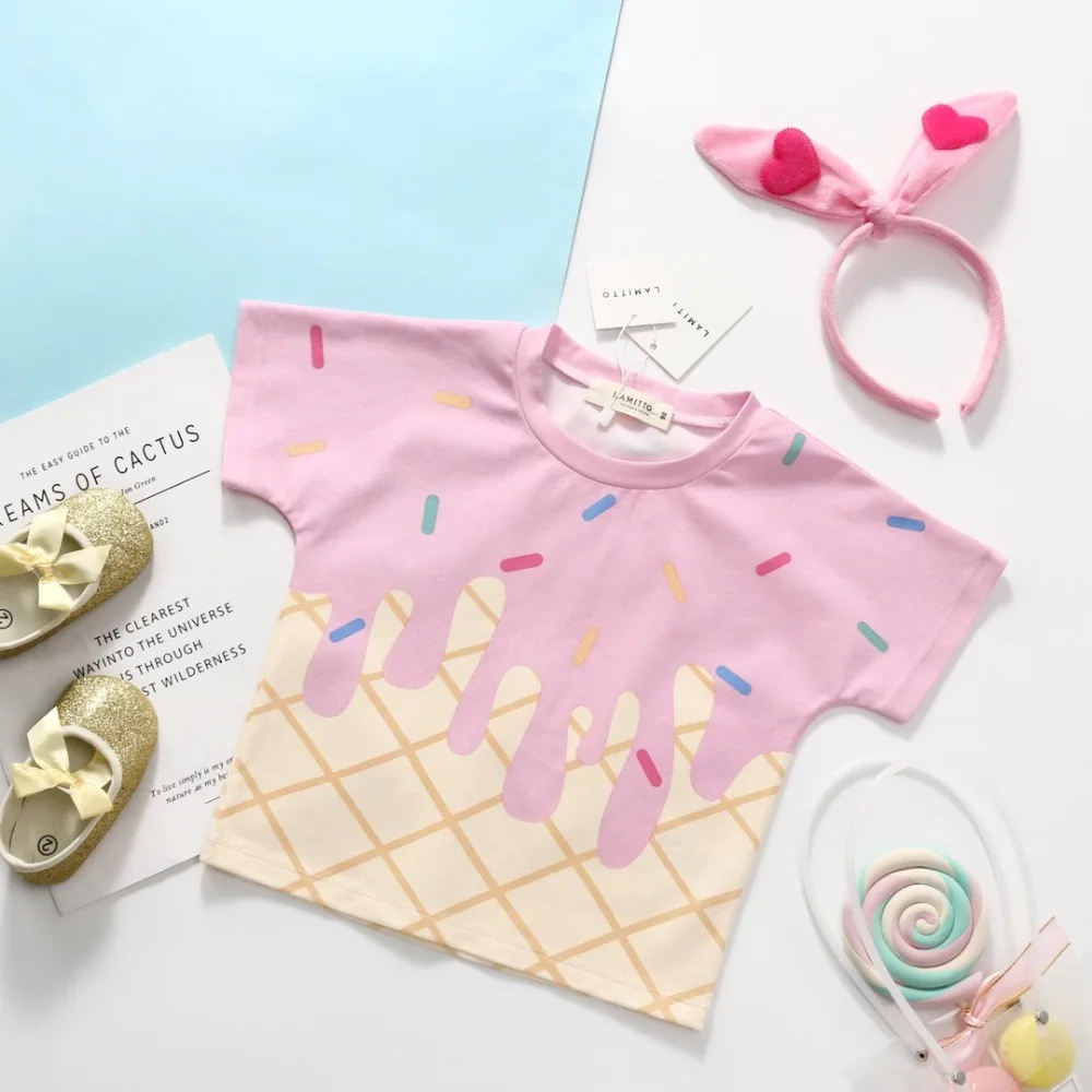 

tiny cotton kids tees summer girls icecream pattern pink T-shirt sweet candy colour toddler girls summer tops