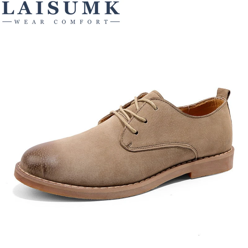 

LAISUMK 2019 New Men's Genuine Leather Casual Shoes Men Spring Autumn Men's Shoes Lace-Up Solid Men Flat With Shoes
