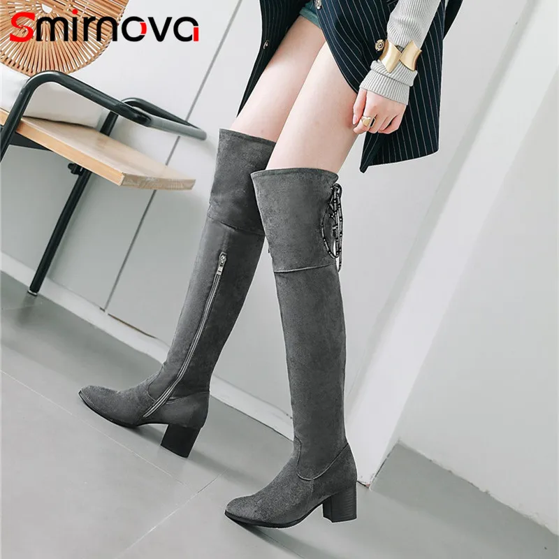 

Smirnova TOP popular 2020 winter warm lace up flock thigh high boots thick high heels long boots big size over the knee boots