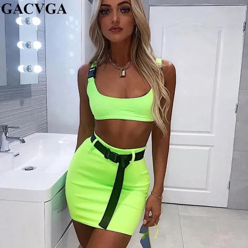 

GACVGA 2019 Off Shoulder Summer Dress Two Piece Women Sleeveless Mini Dress With Belt Neon Green Sexy Bodycon Dress Vestidos