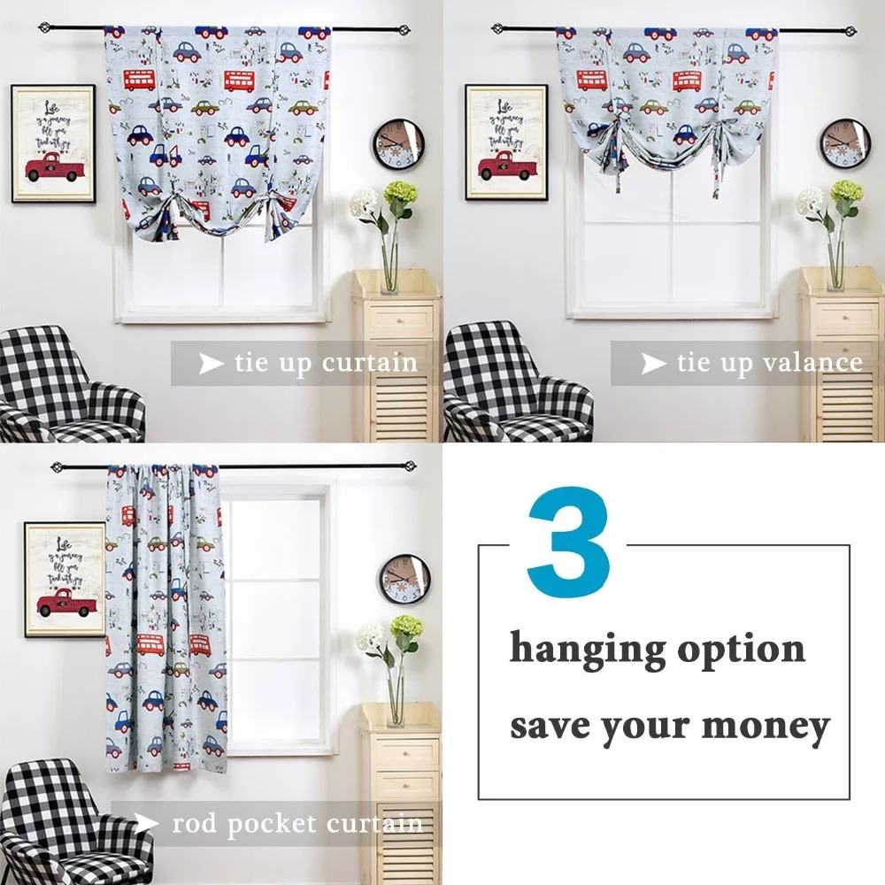 SINOGEM Thermal Insulated Blackout Curtain - CARS design Tie Up Shade for Small Window, Window Valance Balloon Blind For Child Room 3
